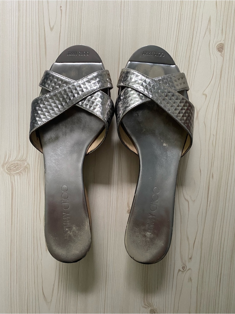 Jimmy Choo Metallic Silver Crisscross Slide Sandals